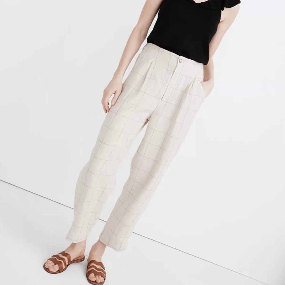 Madewell Linen Pleated Taper Wide Leg Pants in Windowpane